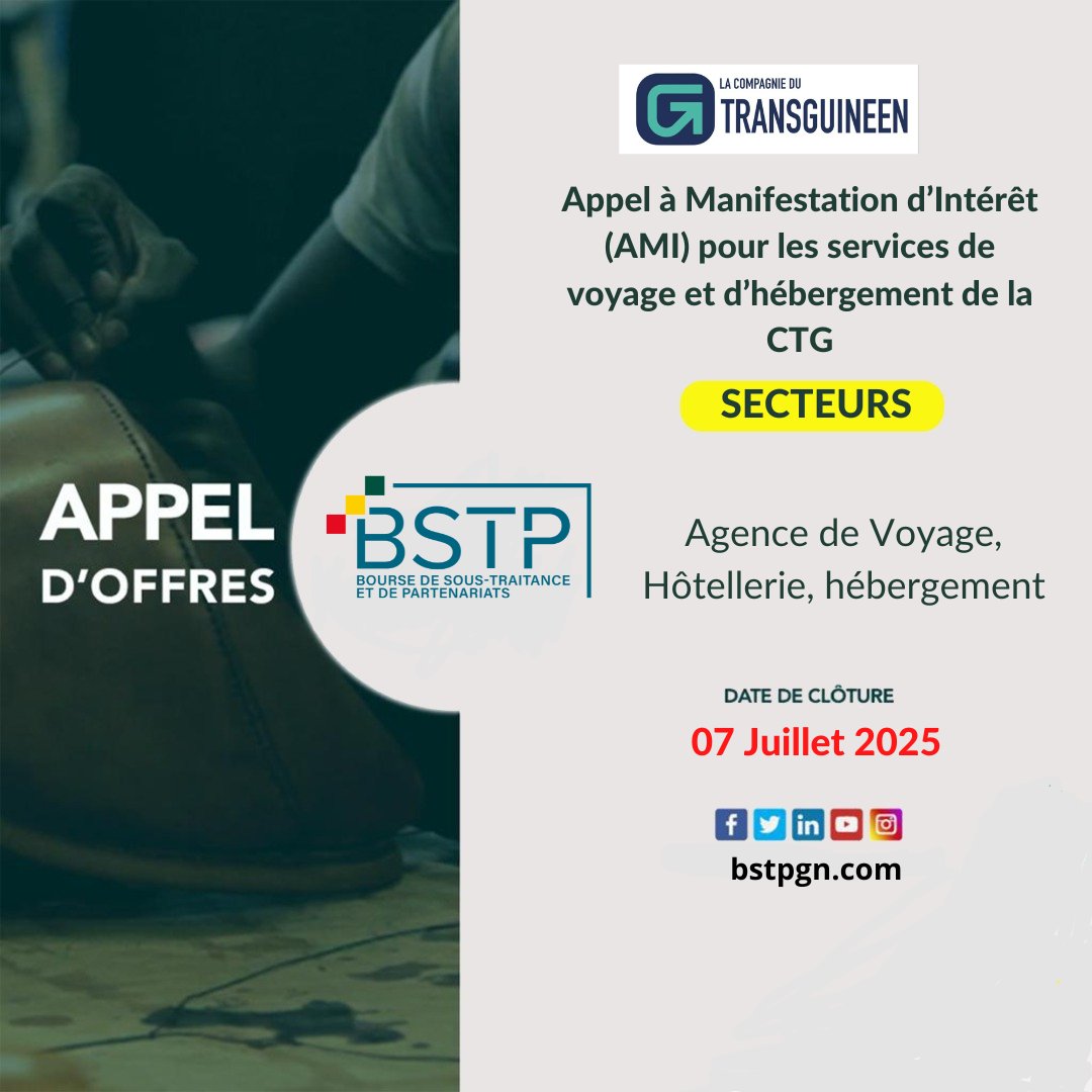 BSTPGN's tweet image. ⚠️ Appel d’offres⚠️

Appel à Manifestation d’Intérêt (AMI) pour les services de voyage et d’hébergement de la CTG - E0010.

Date de clôture : 07 Juillet 

Comment s’inscrire ? 
 
☎️ 625-63-21-77
 
🌏bstpgn.com
 
 🏠 Dans nos locaux à la Minière

#BSTP #ContenuLocal