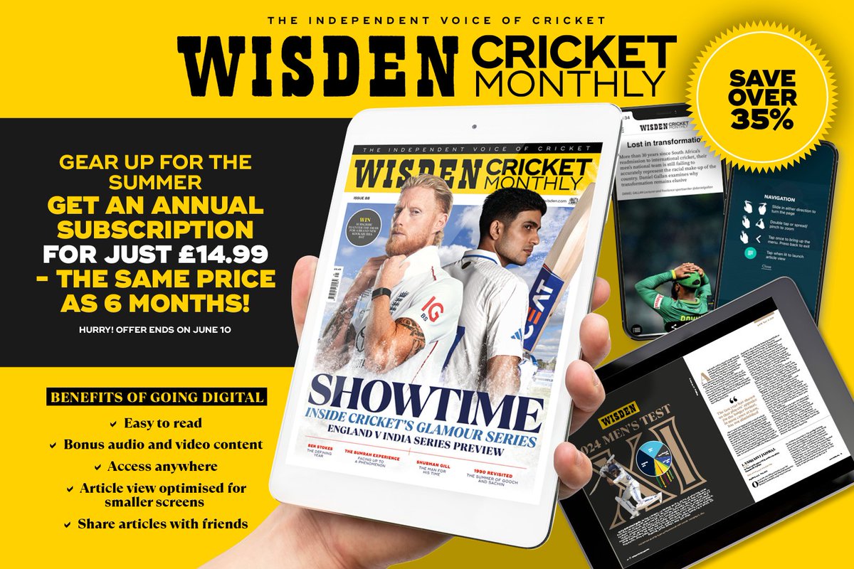 Wisden Cricket Monthly digital special offer

Get an annual digital subscription for just £23.99 - that's £2.40 per issue

Subscribe: pktmags.com/englandvindia