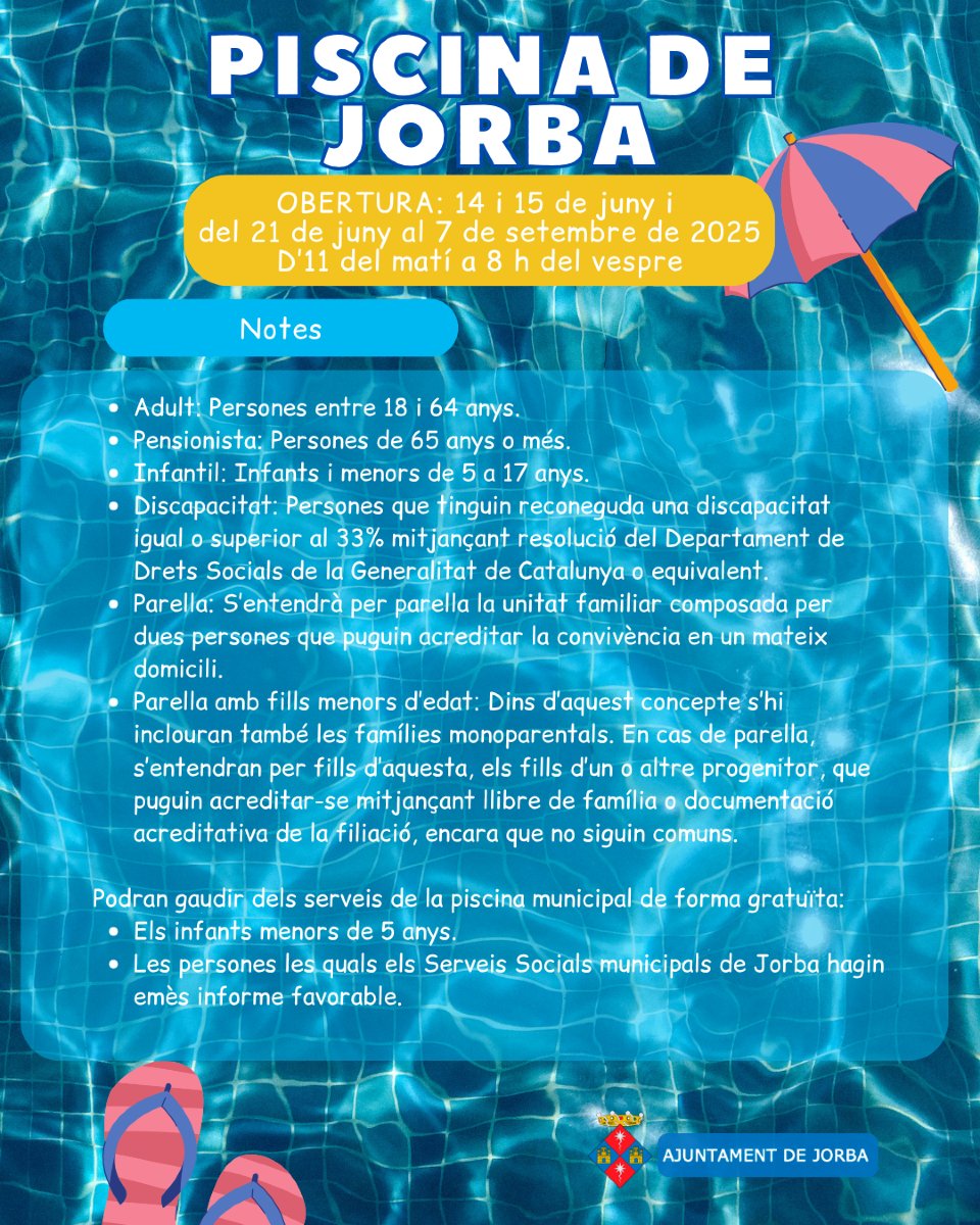🏊  La piscina municipal començarà temporada de forma continuada dissabte 21 de juny fins al 7 de setembre de 2025.
L'horari d'obertura serà d'11 del matí a 8 del vespre.
Recordeu que podeu comprar els abonaments a través de l'App Eagora.
