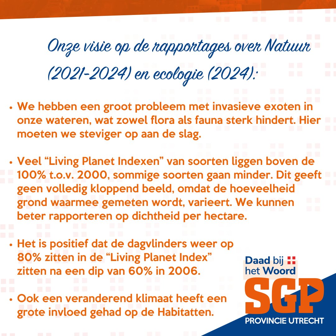 In de commissie Landelijk gebied, Water (Bodem) en Milieu spraken we zojuist over rapportages over natuur en ecologie. Hieronder leest u een aantal punten uit de bijdrage van <a href="/BertrickvdD/">Bertrick van den Dikkenberg</a>.

#natuur #ecologie #flora #fauna