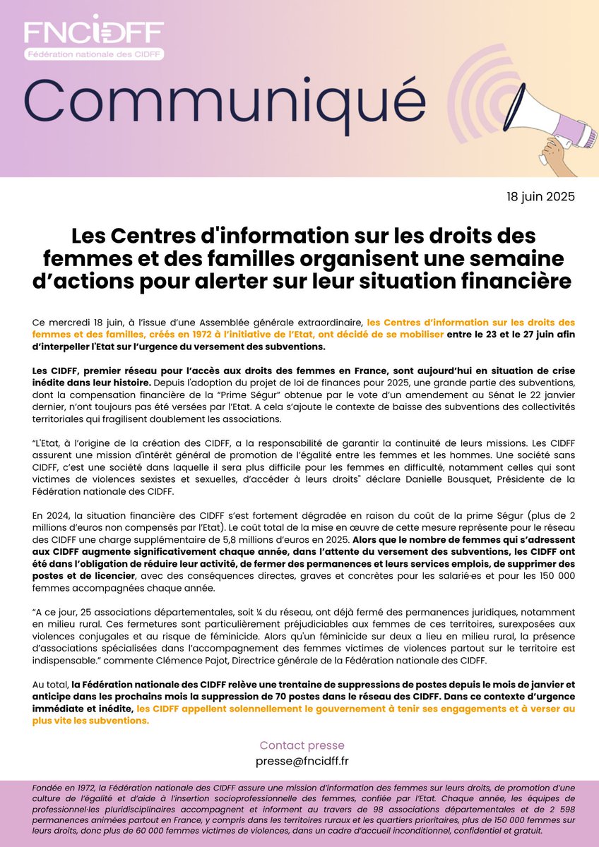 🔴 Les Centres d'information sur les droits des femmes et des familles organisent une semaine d'actions pour alerter sur leur situation financière.

Notre communiqué ↓