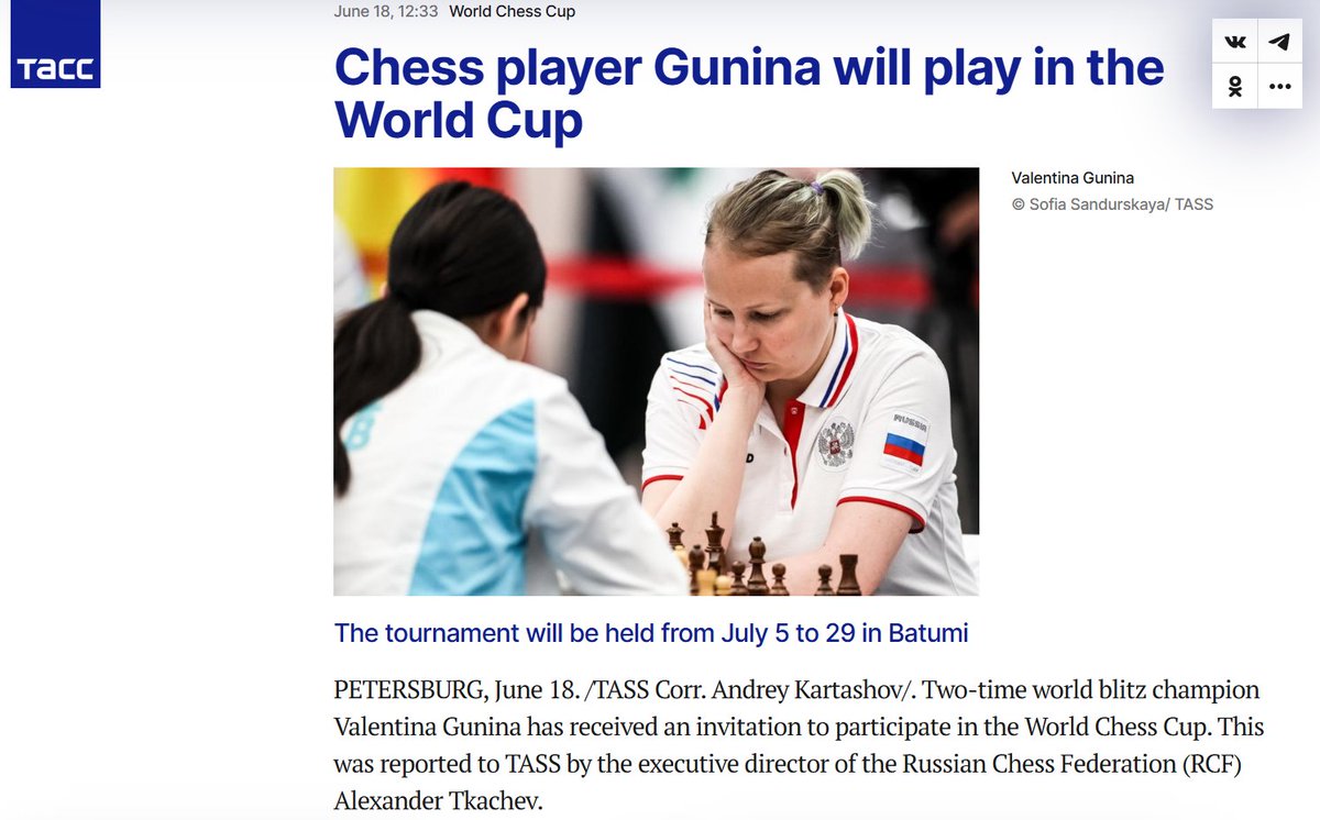 The regulations for the <a href="/FIDE_chess/">International Chess Federation</a> World Cup was recently changed, to provide for extra Wild Cards.  

Today one was awarded to the openly pro-war 
Russian 🇷🇺 player Gunina.

Ukrainian🇺🇦 chess players and clubs are bombed.
We should the victims instead.

tass.ru/sport/24255839