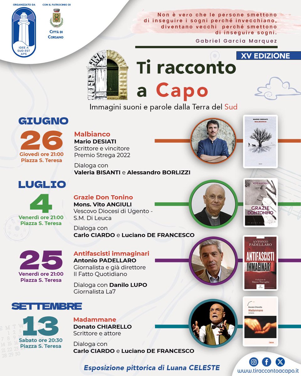 𝐓𝐈 𝐑𝐀𝐂𝐂𝐎𝐍𝐓𝐎 𝐀 𝐂𝐀𝐏𝐎 taglia il traguardo della 𝐪𝐮𝐢𝐧𝐝𝐢𝐜𝐞𝐬𝐢𝐦𝐚 𝐞𝐝𝐢𝐳𝐢𝐨𝐧𝐞.
Apertura affidata a 𝐌𝐚𝐫𝐢𝐨 𝐃𝐞𝐬𝐢𝐚𝐭𝐢 con  “𝑀𝑎𝑙𝑏𝑖𝑎𝑛𝑐𝑜”.
#tiraccontoacapo #ideeasudest #mariodesiati #antoniopadellaro #donatochiarello #vitoangiuli