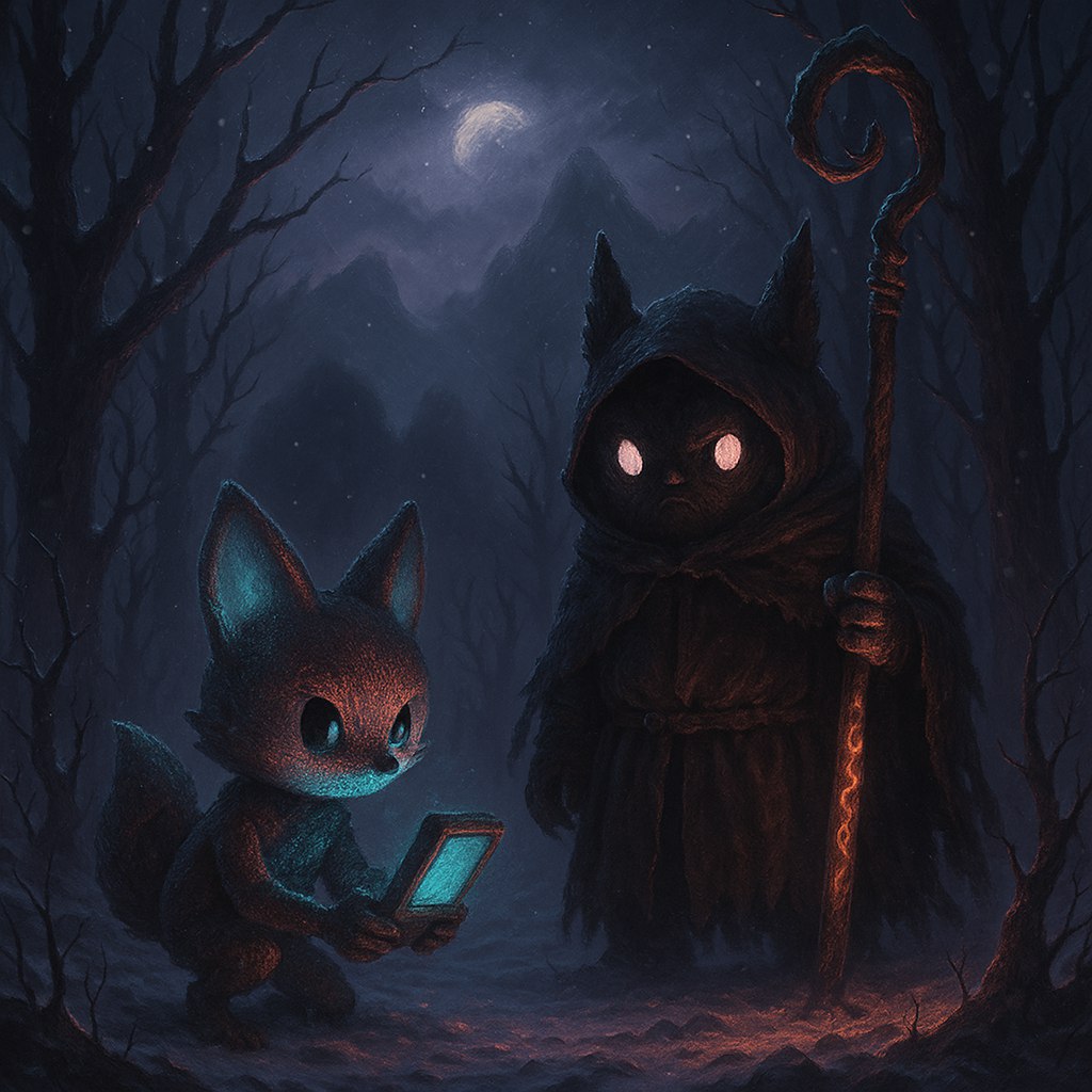 silistus's tweet photo. Two wanderers in a gothic snowy forest. Bitsy — a foxlike creature with a glowing scanner. Labubu — a cloaked companion wielding an ancient staff. Together they face the creeping shadows of Obscura. Dark fantasy. Heavy atmosphere. Cinematic style. #SaharaAI @saharaai @phlstf https://t.co/oP8r01fGPH