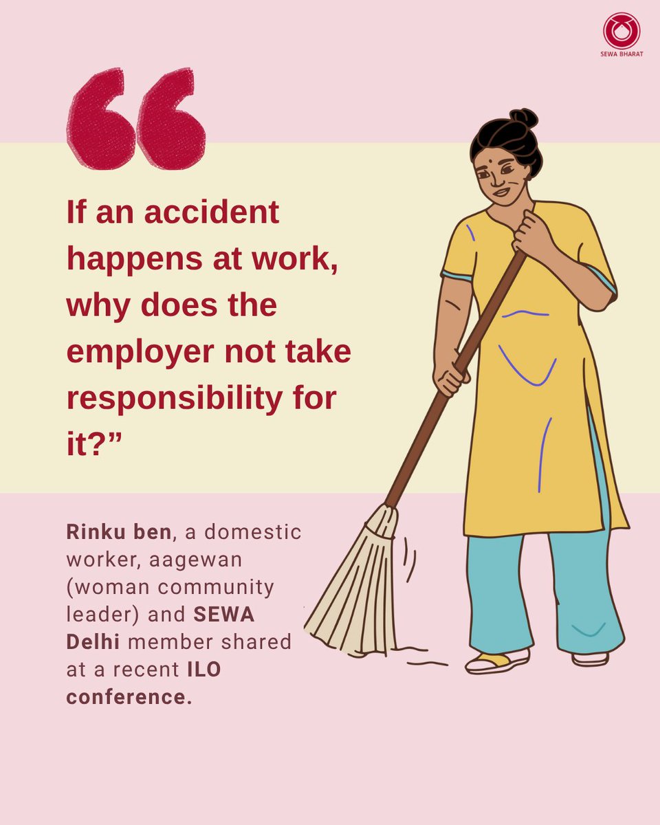 SEWA Bharat (@sewabharat) on Twitter photo “When accidents happen during work, we are told to take rest by our employers, and many times, they ask us not to come to work the next day. This leads to a direct loss of income for us”, said Rinku ben, a domestic worker and <a href="/sewa_delhi1/">SEWA in Delhi</a> member during an <a href="/ilo/">International Labour Organization</a> conference. “When accidents happen during work, we are told to take rest by our employers, and many times, they ask us not to come to work the next day. This leads to a direct loss of income for us”, said Rinku ben, a domestic worker and <a href="/sewa_delhi1/">SEWA in Delhi</a> member during an <a href="/ilo/">International Labour Organization</a> conference.