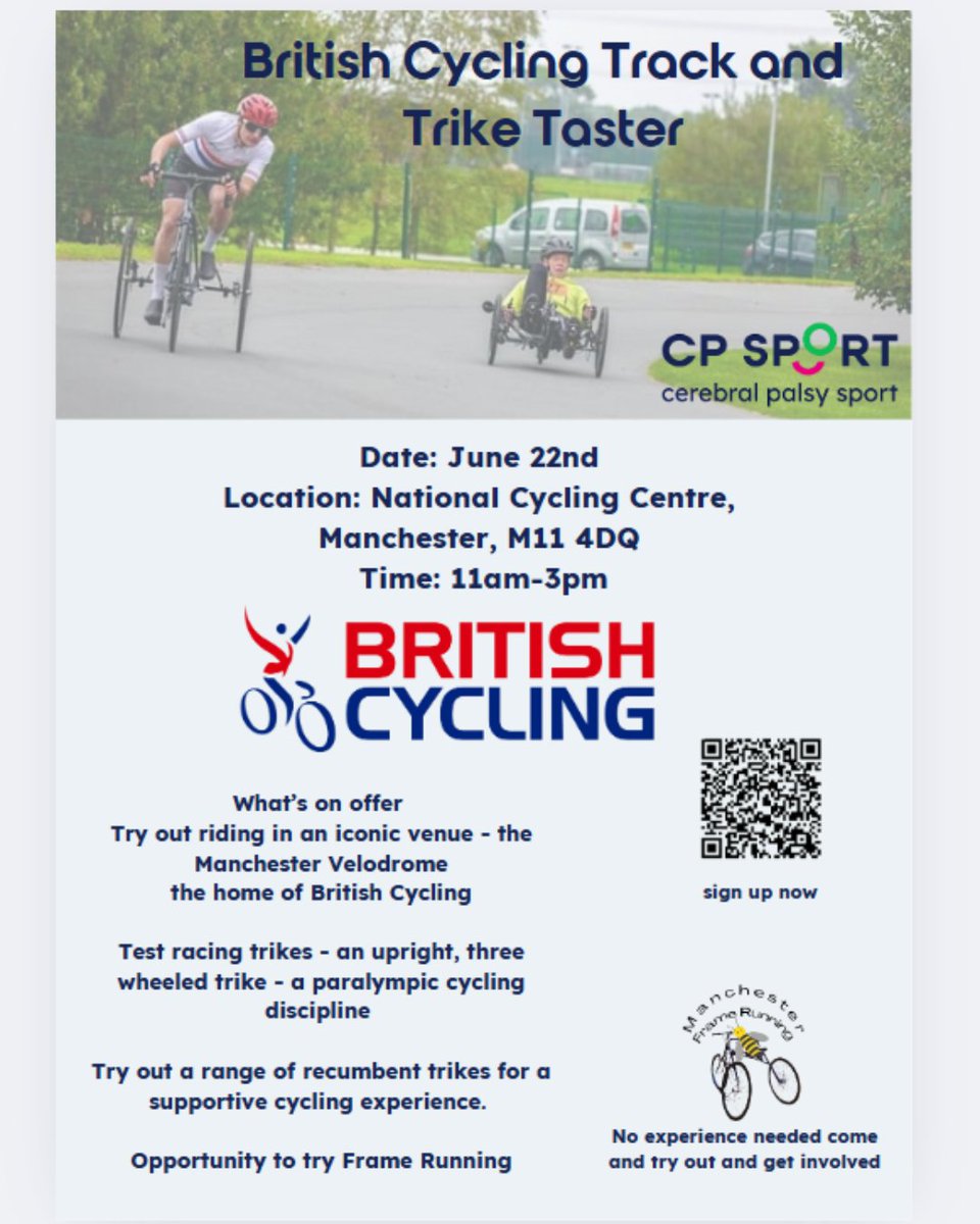 Brain Injury Group (@braininjurygrp) on Twitter photo This Sunday, 22nd June <a href="/CP_Sport/">Cerebral Palsy Sport</a> , are at the iconic Manchester Velodrome – the home of British Cycling!
Ages 10–24 welcome. Try track bikes, trikes, and more. No experience needed!
11:00 AM – 3:00 PM
📍 National Cycling Centre, Manchester
🔗 Sign up:cpsport.justgo.com/.../39E9A8FCAB… This Sunday, 22nd June <a href="/CP_Sport/">Cerebral Palsy Sport</a> , are at the iconic Manchester Velodrome – the home of British Cycling!
Ages 10–24 welcome. Try track bikes, trikes, and more. No experience needed!
11:00 AM – 3:00 PM
📍 National Cycling Centre, Manchester
🔗 Sign up:cpsport.justgo.com/.../39E9A8FCAB…