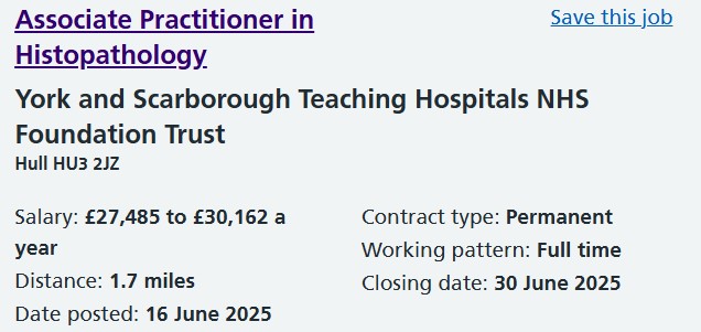 The Scarborough, Hull and York Pathology Service (SHYPS) is seeking an enthusiastic Associate Practitioner to work in our busy, friendly Cellular Pathology Laboratory based at Hull Royal Infirmary.  for further details and to apply click here tinyurl.com/rc4evwsv