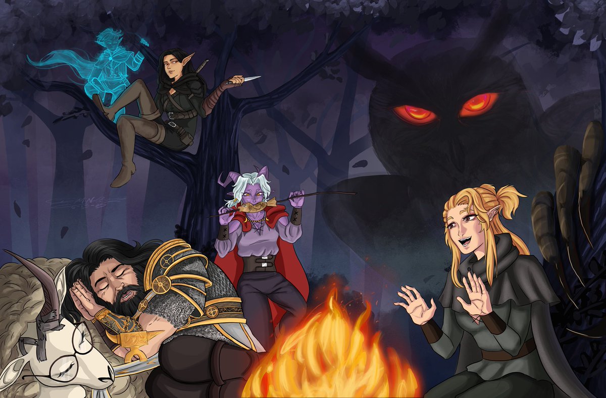 Reposting this cuz I posted the wrong file whoopsies
-
Drew a dnd group camping with their boss bird watching them from behind the trees. This was a fun commission to do &lt;3