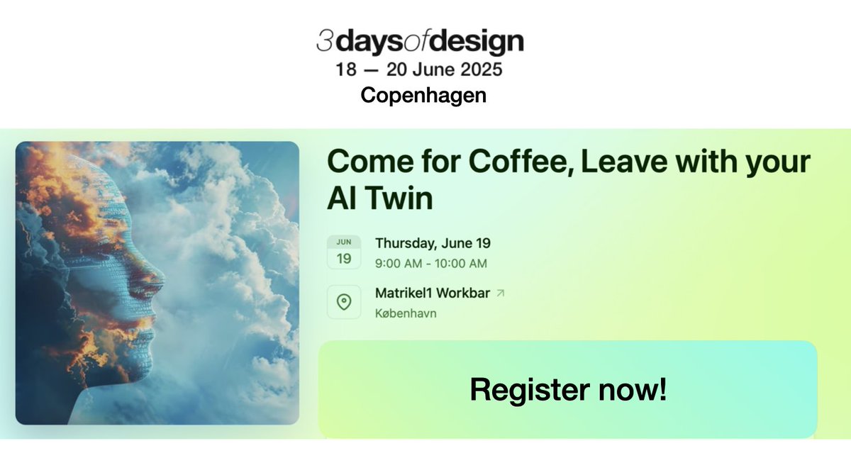 This week, <a href="/VisitCopenhagen/">VisitCopenhagen</a> is buzzing—all excited about innovation in the age of AI.

Join the Prifina team tomorrow at <a href="/Matrikel1_/">Matrikel1</a>  for a hands-on event exploring life with your AI AI twin!

It's time to get your own AI twin!
lu.ma/amx22ecl

<a href="/jahven/">Jouko Ahvenainen</a> <a href="/michelleefang/">Michelle Fang 🌁</a>