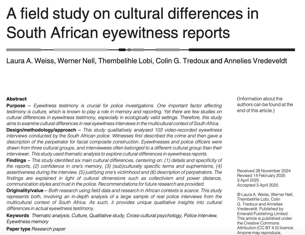 Amsterdam Laboratory for Legal Psychology (@amslablegpsy) on Twitter photo New article alert! 🚨 Our field study on South African eyewitness reports shows six main cultural differences, regarding detailedness, confidence, assertiveness and more. Published open-access! <a href="/LauraAnneWeiss/">Laura Weiss</a> <a href="/anneliesvrede/">Annelies Vredeveldt @anneliesvrede.bsky.social</a>
dx.doi.org/10.1108/JCP-11… New article alert! 🚨 Our field study on South African eyewitness reports shows six main cultural differences, regarding detailedness, confidence, assertiveness and more. Published open-access! <a href="/LauraAnneWeiss/">Laura Weiss</a> <a href="/anneliesvrede/">Annelies Vredeveldt @anneliesvrede.bsky.social</a>
dx.doi.org/10.1108/JCP-11…