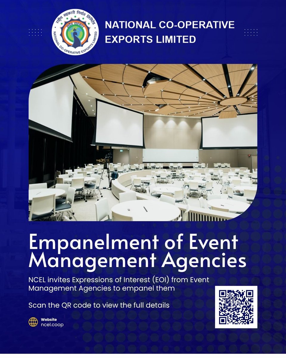 NCEL is looking to empanel experienced Event Management Agencies to support our national &amp; international engagements celebrating India’s cooperative achievements and the International Year of Cooperatives.

📍Submission deadline: 24.06.2025, 6:00 PM
📄Scan the QR code for the EoI