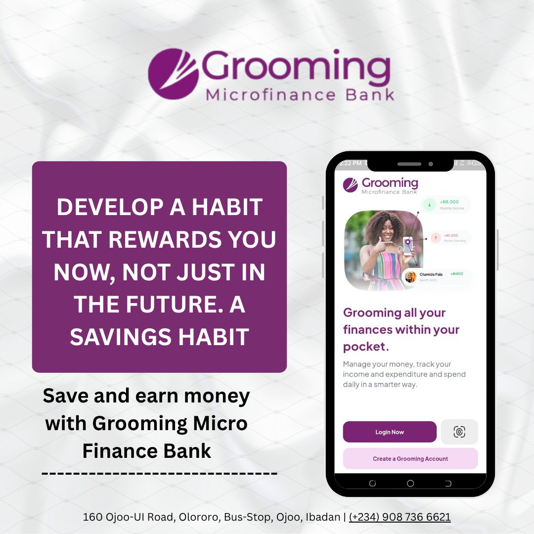 GroomingMfb's tweet photo. Develop a habit that rewards you NOW, not just in the future.
Start saving with Grooming Microfinance Bank and earn as you save! π°
#SavingsHabit #GroomingMicrofinance #EarnAsYouSave #SmartMoneyMoves https://t.co/N1rrRuij8G