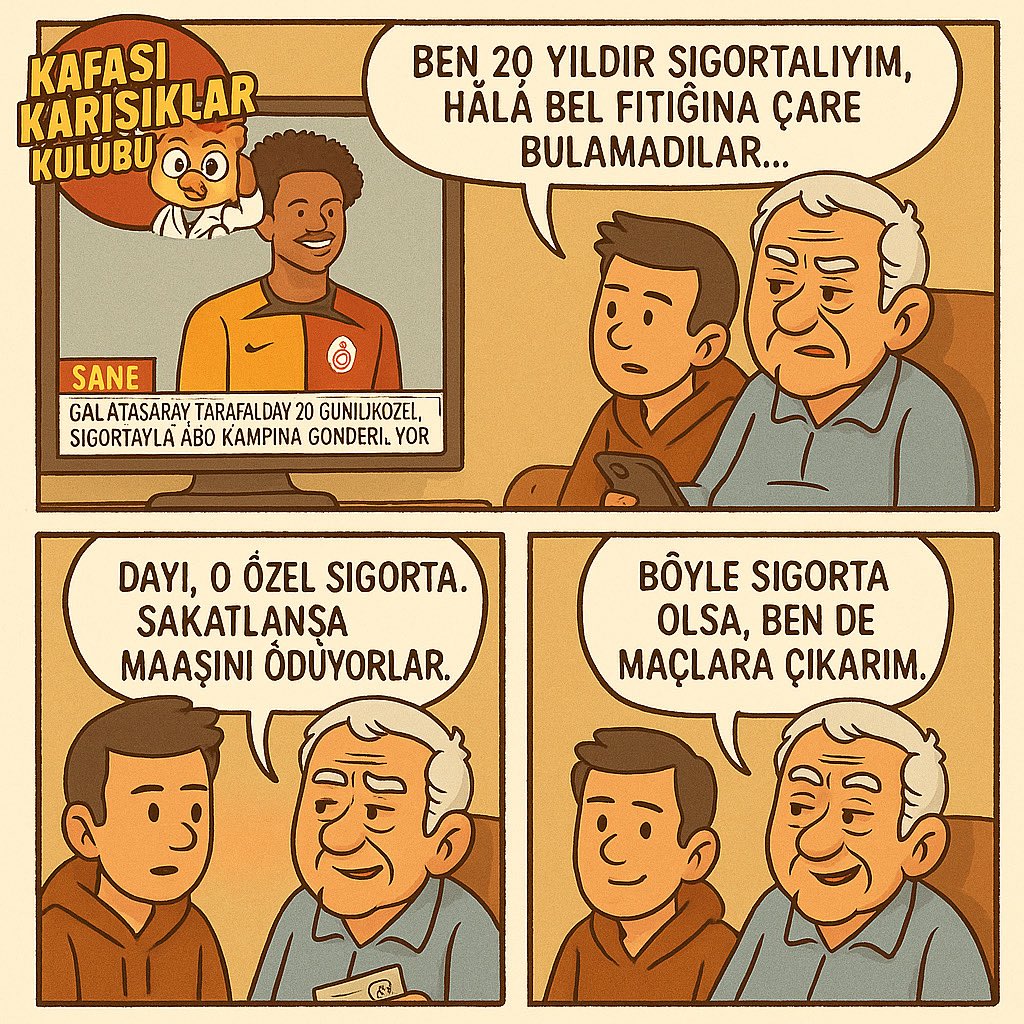 📺 Sané’nin 20 günlük özel sigortası gündemde…
🎬 Kafası Karışıklar Kulübü sahne aldı:
Bazı sigortalar sahaya çıkarıyor, bazıları sandalyeye oturtuyor 😄

👨‍⚕️ <a href="/Galatasaray/">Galatasaray EN</a> sigortadoktoru ile gündem mizahla karışıyor!

#SigortaDoktoru #KafasıKarışıklarKulübü #Sané #Sigorta #TSS