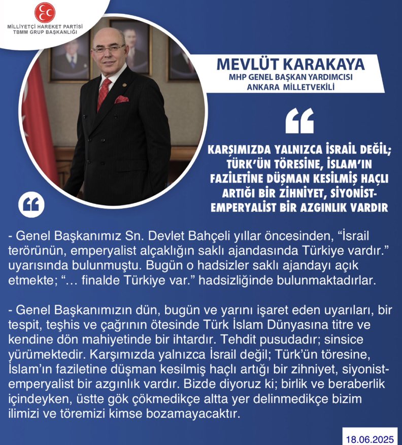 Hilmi DURGUN (@hlmdrgn) on Twitter photo MHP Genel Başkan Yardımcısı ve Ankara Milletvekilimiz Prof. Dr. Mevlüt Karakaya <a href="/KarakayaMevlut/">Prof. Dr. Mevlüt KARAKAYA🇹🇷</a>: Karşımızda yalnızca İsrail değil; Türk’ün töresine, İslam’ın faziletine düşman kesilmiş haçlı artığı bir zihniyet, siyonist-emperyalist bir azgınlık vardır MHP Genel Başkan Yardımcısı ve Ankara Milletvekilimiz Prof. Dr. Mevlüt Karakaya <a href="/KarakayaMevlut/">Prof. Dr. Mevlüt KARAKAYA🇹🇷</a>: Karşımızda yalnızca İsrail değil; Türk’ün töresine, İslam’ın faziletine düşman kesilmiş haçlı artığı bir zihniyet, siyonist-emperyalist bir azgınlık vardır