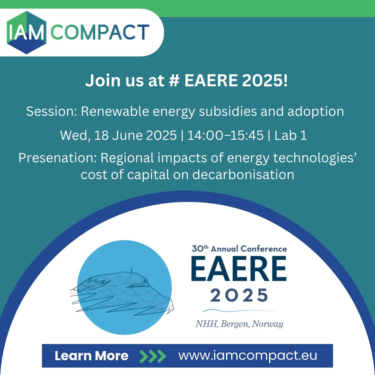 IAM COMPACT (@iam_compact) on Twitter photo 🔔 Join us at #EAERE2025!
📍 Renewable energy subsidies and adoption
🗓 Wed, 18 June | 🕑 14:00–15:45
📌 Lab 1 | Chair: Priyanka Dutta (#ISIDelhi)
📢 Don’t miss <a href="/NFrilingou/">Natasha Frilingou</a> presenting:
“Regional impacts of energy technologies’ cost of capital on #decarbonisation”
#iamcompact 🔔 Join us at #EAERE2025!
📍 Renewable energy subsidies and adoption
🗓 Wed, 18 June | 🕑 14:00–15:45
📌 Lab 1 | Chair: Priyanka Dutta (#ISIDelhi)
📢 Don’t miss <a href="/NFrilingou/">Natasha Frilingou</a> presenting:
“Regional impacts of energy technologies’ cost of capital on #decarbonisation”
#iamcompact
