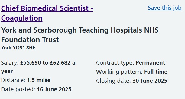 An exciting opportunity has arisen for a suitably qualified Biomedical Scientist to join us as a cross-network Chief Biomedical Scientist for Coagulation.  For further details and to apply, click here tinyurl.com/y7eryanj