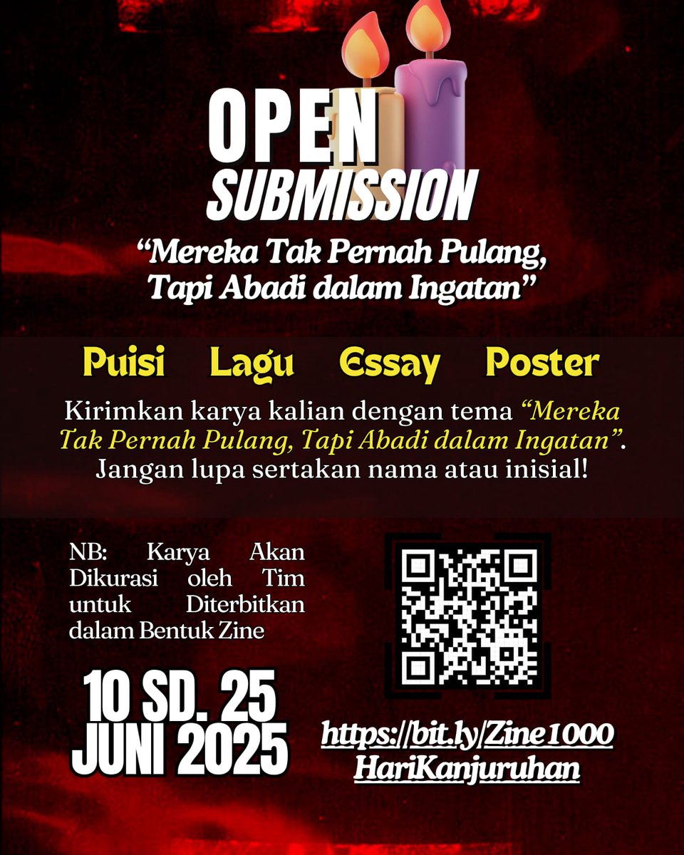 Dalam rangka memperingati 1000 hari Tragedi Kanjuruhan, kami berencana akan membuat zine yang berisikan kumpulan karya apa pun mengenai Tragedi Kanjuruhan (poster, karya tulis, puisi, gambar, dsb). Untuk itu, bagi kawan-kawan yang ingin ikut serta berkontribusi, silahkan unggah-