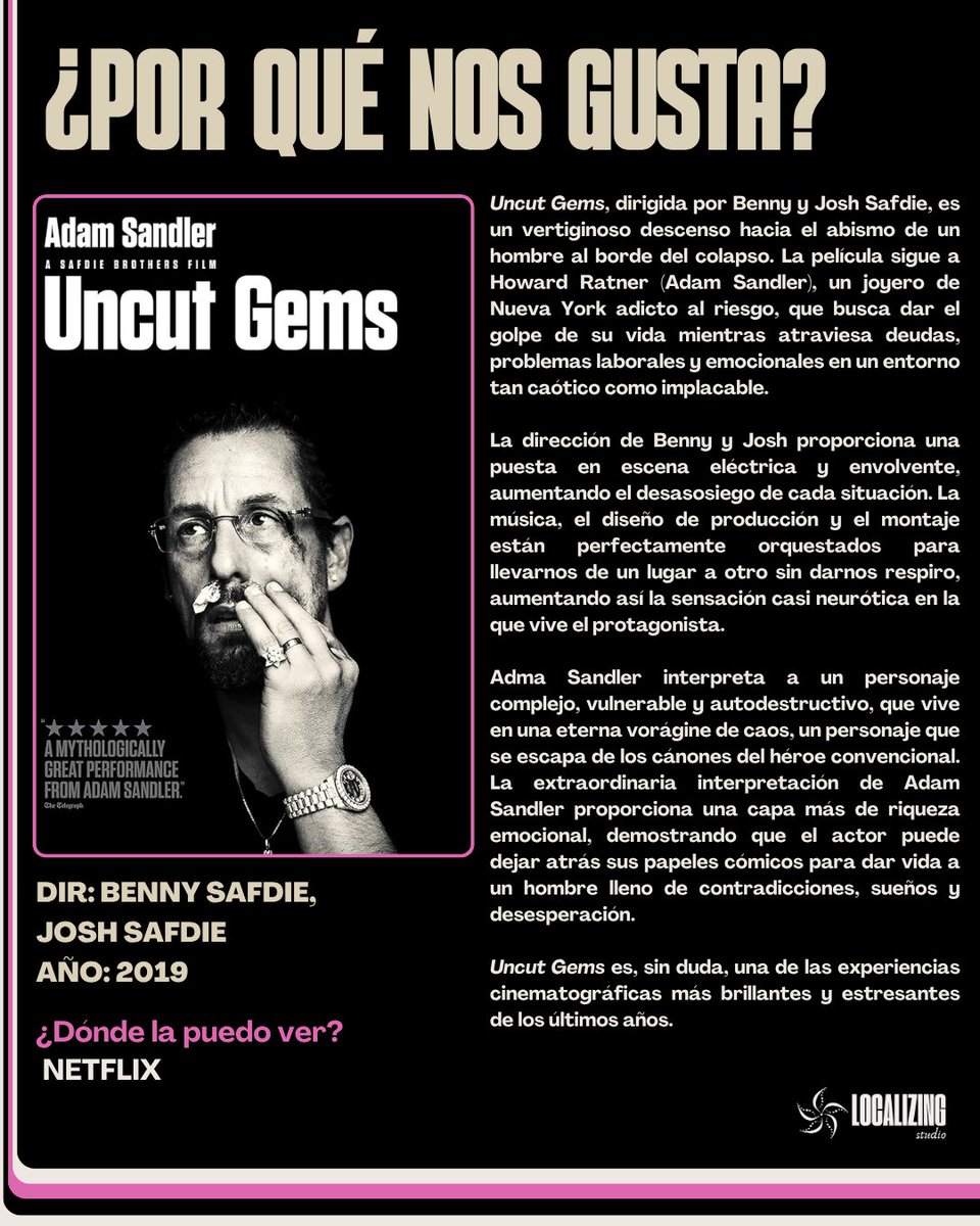 Localizing_St's tweet image. Una experiencia es esta joya del cine independiente norteamericano 💎

Título: Uncut Gems 
Dir: Benny Safdie, Josh Safdie 
Año: 2019

@NetflixES 

#viernesdearte #almanaquecinefilo #localizingstudio #recomendaciones #cine