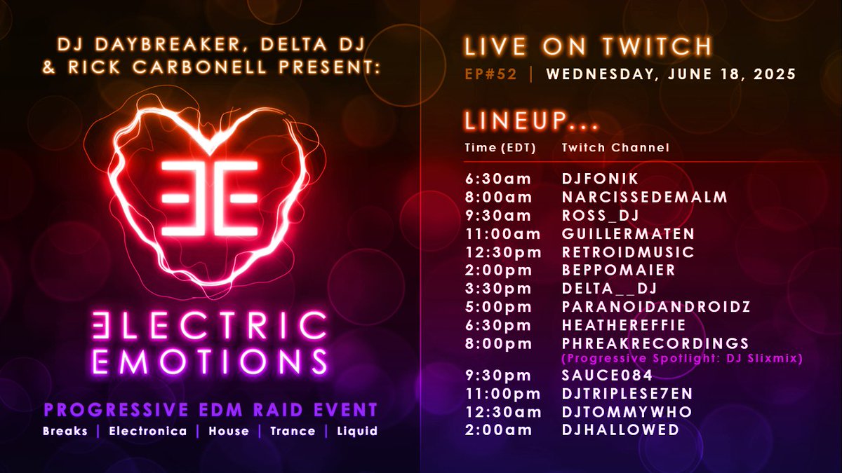 Back on Electric Emotions with another DJ set live stream today from 6.30 PM CET / 12.30 PM ET on #Twitch! Join us! twitch.tv/retroidmusic