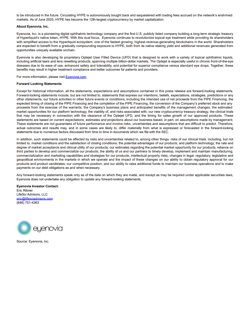 ⚡️BIG: Eyenovia (Nasdaq: $EYEN) is investing $50 million to build a crypto  reserve of $HYPE, the native token of the Hyperliquid blockchain. With this  move, it becomes the first publicly traded U.S.