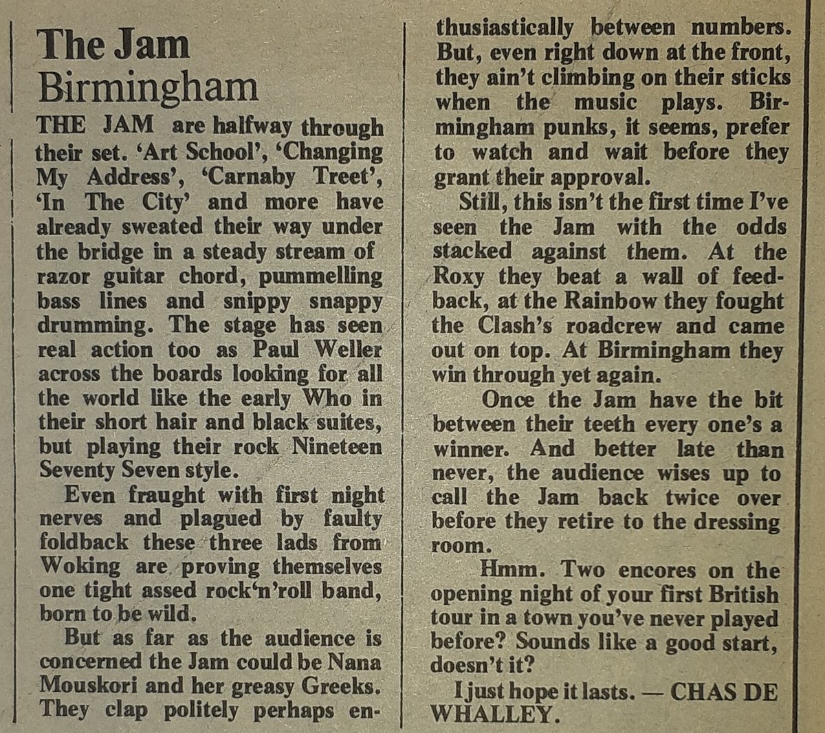 Sounds Clips (@soundsclips) on Twitter photo The Jam's gig in Birmingham reviewed by Chas De Whalley in Sounds 18th, June 1977.
<a href="/LongLiveTheJam/">The Jam</a>
<a href="/adbreakanthems/">AdBreakAnthems</a>
<a href="/Birmingham_81/">Birmingham 81</a> The Jam's gig in Birmingham reviewed by Chas De Whalley in Sounds 18th, June 1977.
<a href="/LongLiveTheJam/">The Jam</a>
<a href="/adbreakanthems/">AdBreakAnthems</a>
<a href="/Birmingham_81/">Birmingham 81</a>