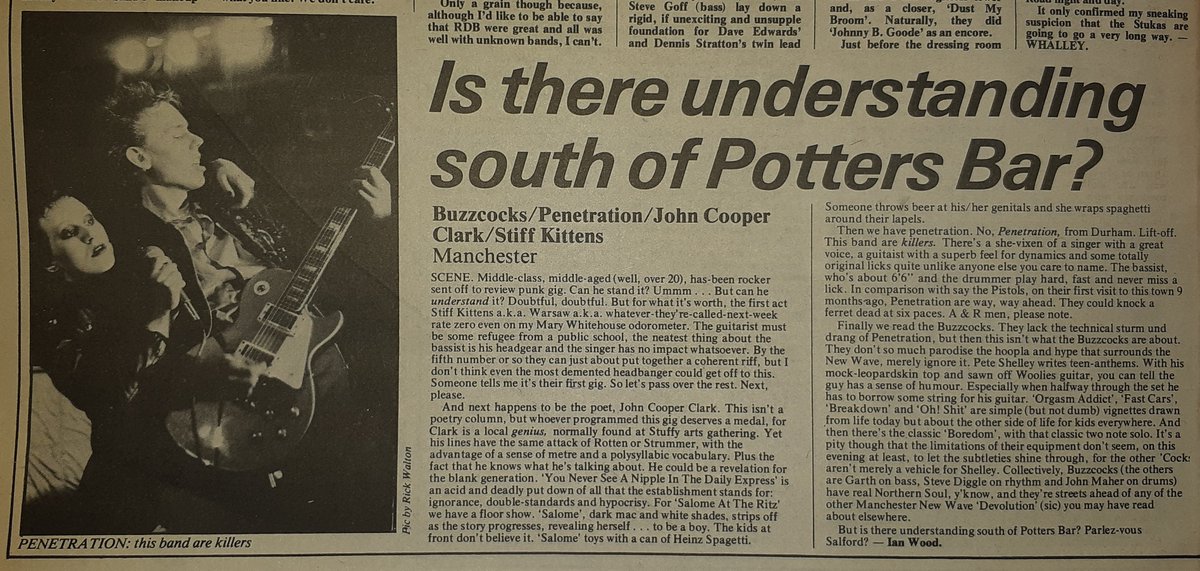 Sounds Clips (@soundsclips) on Twitter photo Buzcocks, Penetration, John Cooper Clark and Stiff Kittens' (Joy Division's first gig) gig in Manchester reviewed by Ian Wood in Sounds 18th, June 1977.
<a href="/Buzzcocks/">Buzzcocks</a> <a href="/penetrationband/">Penetration</a> <a href="/official_jcc/">John Cooper Clarke</a> <a href="/peterhook/">Peter Hook</a> <a href="/PaulineMurrayX/">Pauline Murray</a> <a href="/joydivisionBook/">joydivisionBook</a> Buzcocks, Penetration, John Cooper Clark and Stiff Kittens' (Joy Division's first gig) gig in Manchester reviewed by Ian Wood in Sounds 18th, June 1977.
<a href="/Buzzcocks/">Buzzcocks</a> <a href="/penetrationband/">Penetration</a> <a href="/official_jcc/">John Cooper Clarke</a> <a href="/peterhook/">Peter Hook</a> <a href="/PaulineMurrayX/">Pauline Murray</a> <a href="/joydivisionBook/">joydivisionBook</a>