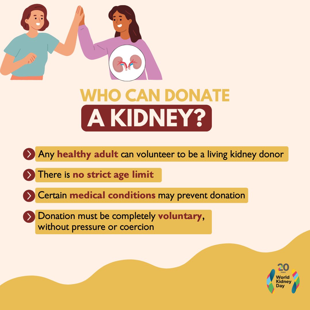 Any healthy adult can volunteer to be a living kidney donor.
There’s no strict age limit, but certain medical conditions may prevent donation.
It must be completely voluntary, without any pressure or coercion.
#WorldKidneyDay #KidneyHealthMatters #AreYourKidneysOK