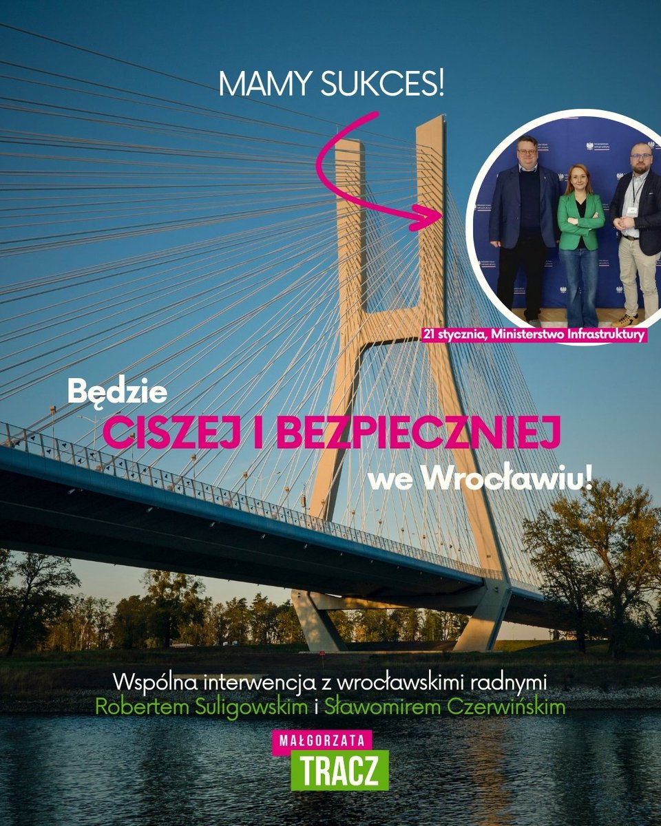 Mamy to! 💪 Będzie ciszej i bezpieczniej we Wrocławiu! 💚

🤝 Po naszej wspólnej interwencji z <a href="/RSuligowski/">Robert Suligowski</a> i <a href="/_SCzerwinski_/">Sławomir Czerwiński</a> w Ministerstwie Infrastruktury u Pana Ministra Stanisława Bukowca zapadła decyzja o wydłużeniu odcinkowego pomiaru prędkości na Autostradowej Obwodnicy