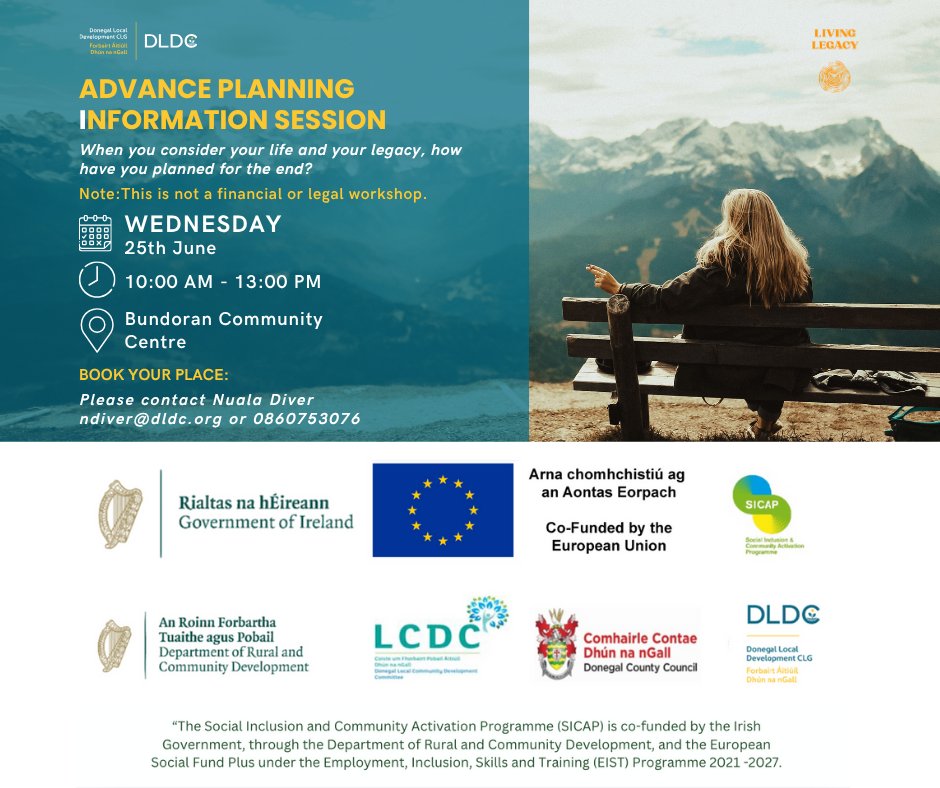 Advance Planning Info Session

📍 Bundoran Community Centre
🗓️ Wed 25th June | 🕙 10AM–1PM

How have you planned for your legacy?
Join us for a reflective, supportive session.

 Not a legal/financial workshop.

📧 ndiver@dldc.org | 📞 086 075 3076
#DLDC #AdvancePlanning #SICAP