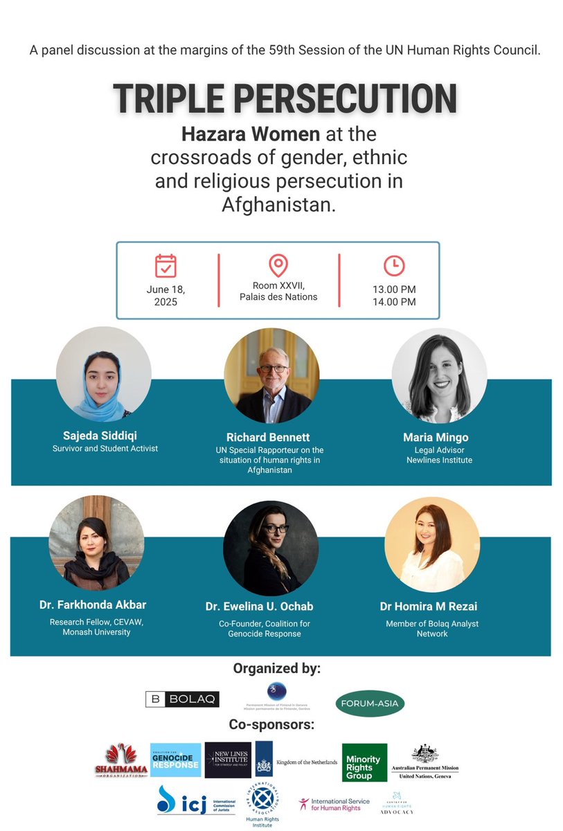 📣 Happening now! Join us at the panel discussion for this important conversation on "TRIPLE PERSECUTION: Hazara Women at the Crossroads of Gender, Ethnic, and Religious Persecution in Afghanistan"

🕐 13:00-14:00 hrs.
📍 Room XXVII, Palais des Nations
#HRC59 #Afghanistan