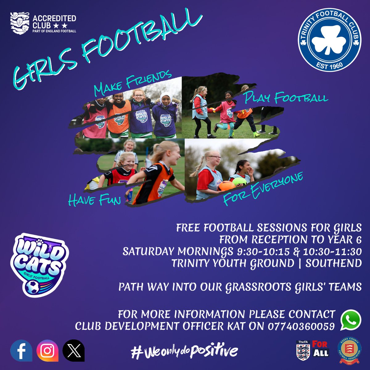 Free girls’ football training… Free, you say? Yes – absolutely free! When we say free, we really mean it. We’re relaunching our girls-only sessions from Saturday 28th June.

Don't miss out – book your spot now!

<a href="/EssexCountyFA/">Essex County FA</a>