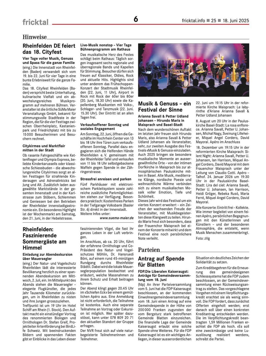 Vielen Dank Fricktal Info!
Am Sonntag beginnen wir mit das erste Konzert 🎶 Festival Musik &amp; Genuss  🌹
Bis Sonntag 🌼
Arianna und Petter