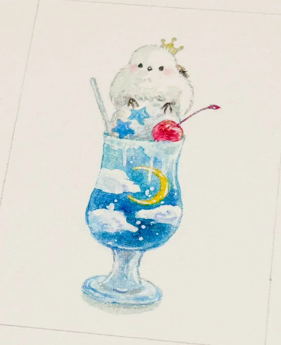 夜空のクリームソーダ #シマエナガ #イラスト