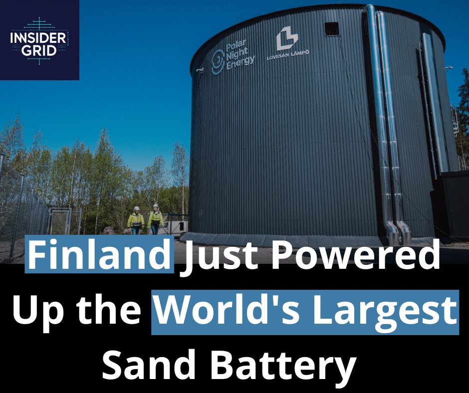 InsiderGrid's tweet photo. Finland switched on world’s largest sand battery a low-cost, renewable heat storage system developed by Polar Night Energy. Using crushed soapstone, it stores up to 1,000 MWh of energy at 600°C, powering the town of Pornainen’s heating system a week. 

Image: Polar Night Energy https://t.co/fBgYRpbESZ
