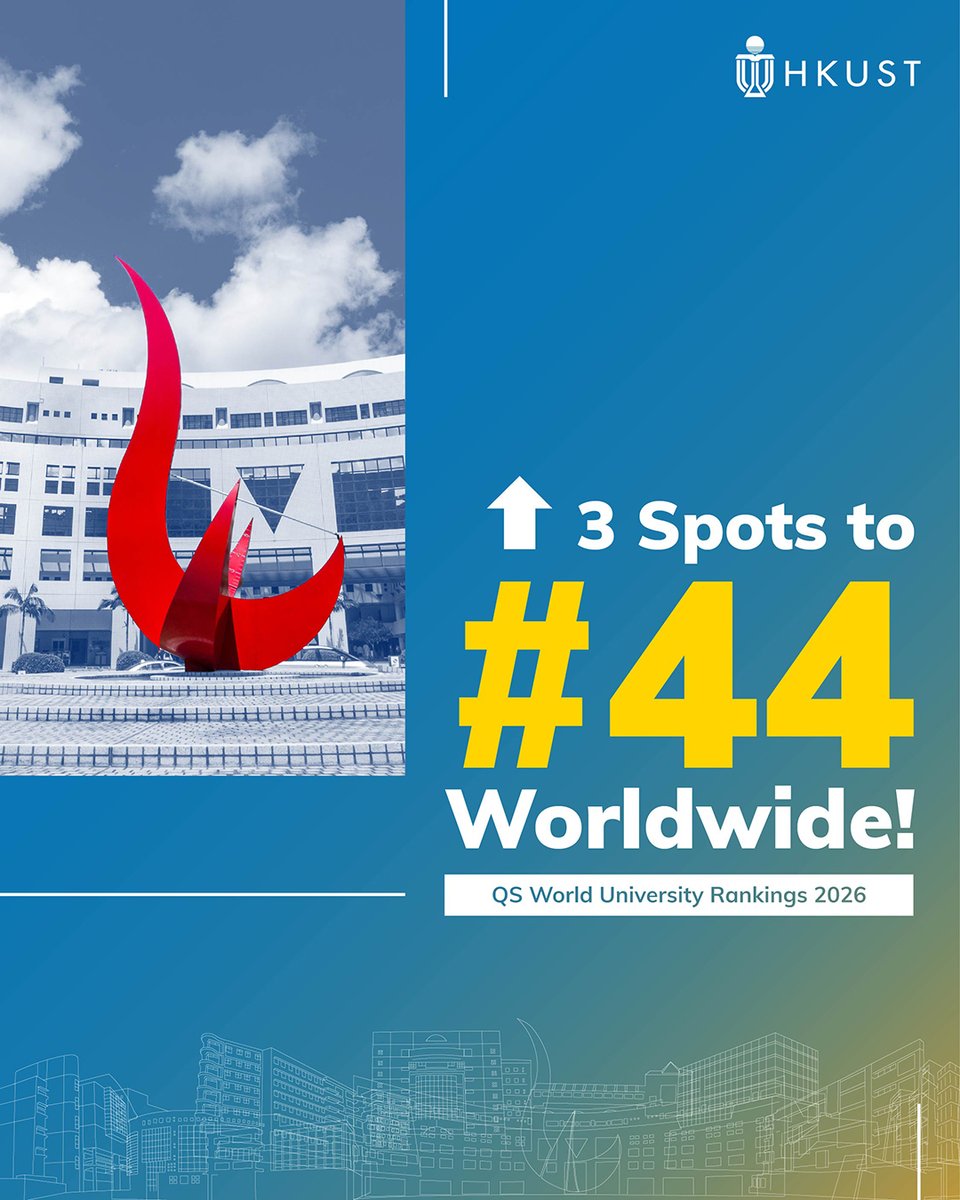 HKUST (@hkust) on Twitter photo Three bold steps up, and now we’re firmly at #44 in the world!
HKUST makes another major leap in the QS World University Rankings 2026, reinforcing our spot among the global top 50 and reflecting our drive for academic excellence and innovation!
#HKUST Three bold steps up, and now we’re firmly at #44 in the world!
HKUST makes another major leap in the QS World University Rankings 2026, reinforcing our spot among the global top 50 and reflecting our drive for academic excellence and innovation!
#HKUST