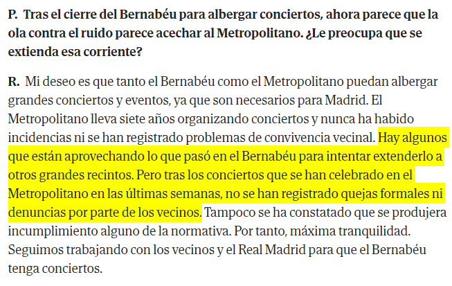 Ruido Metropolitano (@ruidoatleti) on Twitter photo Alcalde, no somos oportunistas, somos vecinos organizados. Llevamos años denunciando el ruido y las molestias del Metropolitano y ahora hemos conseguido más visibilidad. Se han paralizado conciertos en el Bernabéu y exigimos lo mismo aquí.
<a href="/AlmeidaPP_/">José Luis Martínez-Almeida</a>
elmundo.es/madrid/2025/06… Alcalde, no somos oportunistas, somos vecinos organizados. Llevamos años denunciando el ruido y las molestias del Metropolitano y ahora hemos conseguido más visibilidad. Se han paralizado conciertos en el Bernabéu y exigimos lo mismo aquí.
<a href="/AlmeidaPP_/">José Luis Martínez-Almeida</a>
elmundo.es/madrid/2025/06…