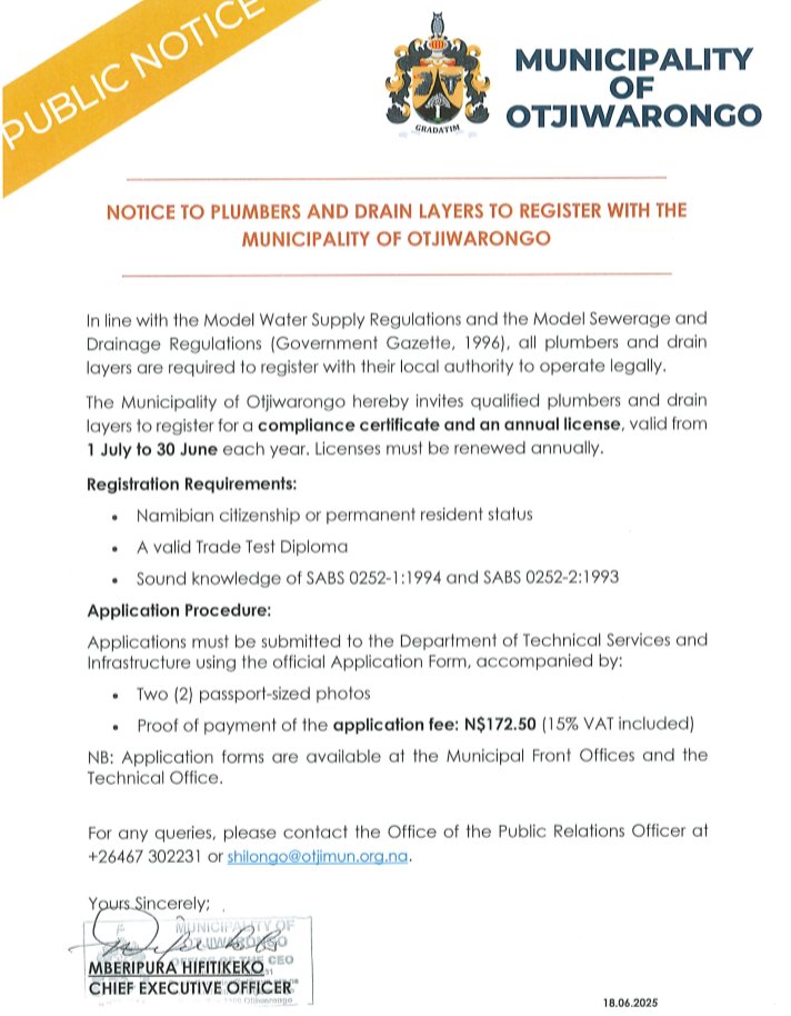 NOTICE TO PLUMBERS AND DRAIN LAYERS TO REGISTER WITH THE MUNICIPALITY OF OTJIWARONGO