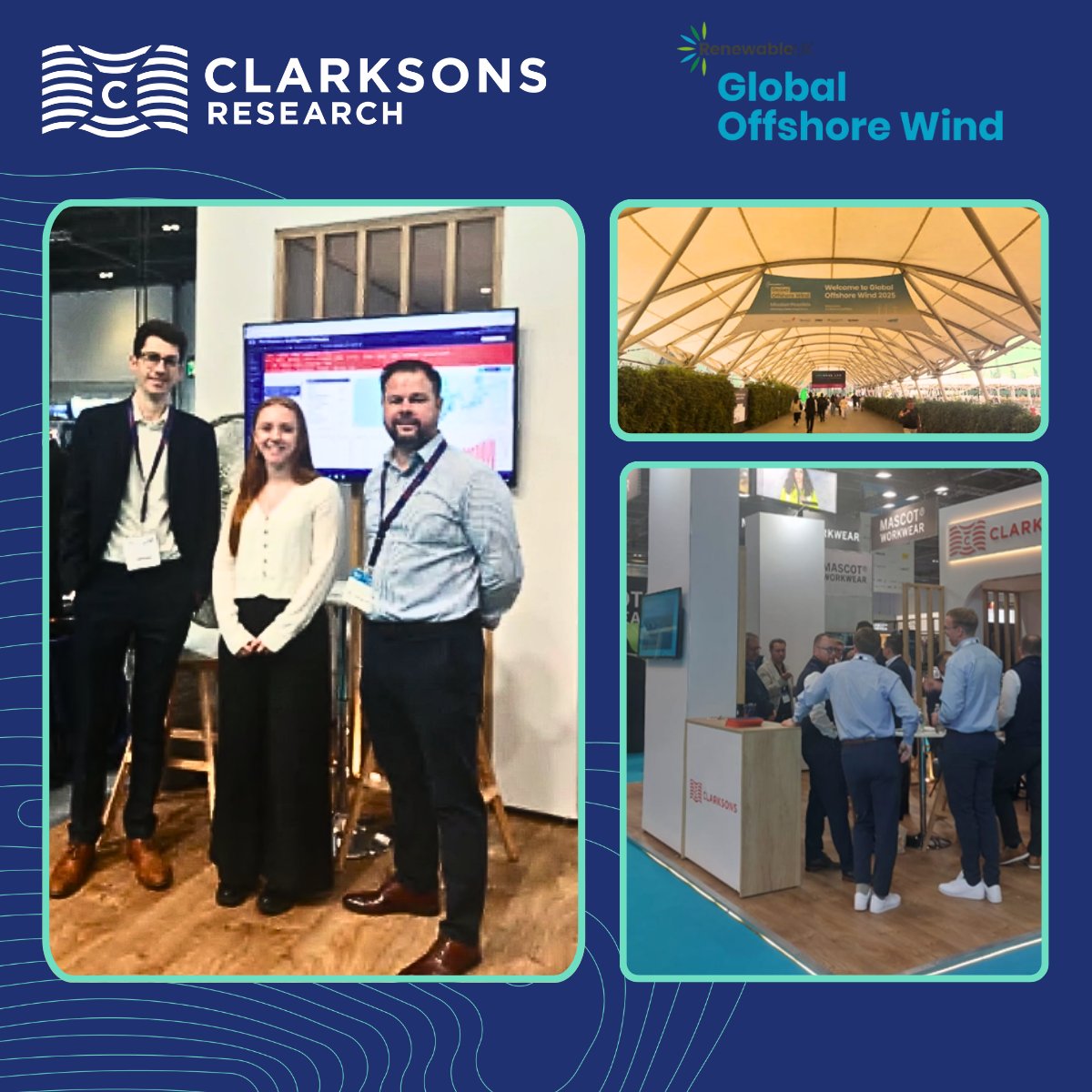 Clarksons_CRSL's tweet image. We’re back for day two at #GlobalOffshoreWind and looking forward to another busy day! Come and see Shaun Barrell, Matt Lovering and Alfie Bavin, and Erin Care at stand M63, where we’re showcasing our Renewables Intelligence Network. See you there! #Clarksons