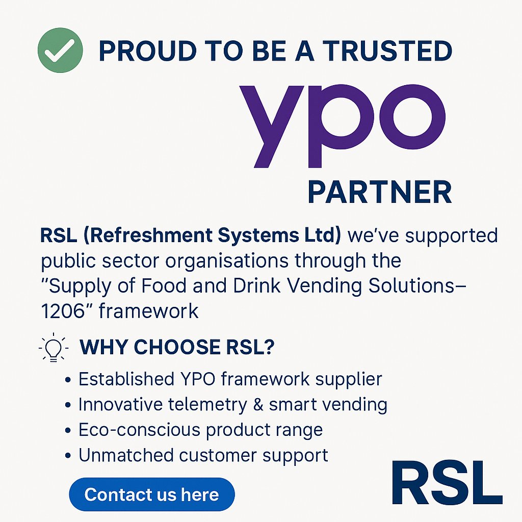 ✅ Proud to be a trusted YPO partner

At RSL (Refreshment Systems Ltd), we’ve proudly supported public sector organisations through the YPO “Supply of Food and Drink Vending Solutions – 1206” framework for several years — building strong relationships and delivering proven