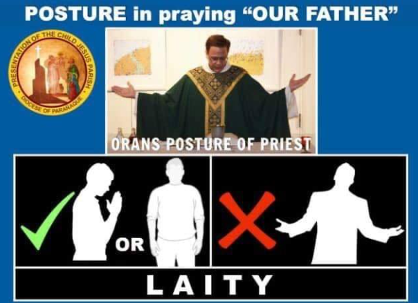DMStThomas's tweet photo. The orans posture—standing with hands extended, palms upward—has become a point of contention in some Catholic communities, as certain laypeople adopt it during the Lord’s Prayer, a practice traditionally reserved for priests. While it may feel like a natural or expressive way to pray, I respectfully urge you to reconsider using the orans posture during Mass. This gesture, though well-intentioned, disrupts the Church’s liturgical unity, confuses the distinct roles within the assembly, and introduces an unauthorized addition to the sacred liturgy. Below, I present a clear and compelling case for why the laity should refrain from this practice, grounded in Church teaching, liturgical norms, and the desire for authentic worship.

The General Instruction of the Roman Missal (GIRM), which governs the celebration of the Mass, explicitly directs priests to use the orans posture, described as “with hands extended,” at specific moments, including the Lord’s Prayer (GIRM 152, 237). This gesture signifies the priest’s unique role as in persona Christi, interceding on behalf of the entire assembly. The GIRM, however, provides no such instruction for the laity during the Lord’s Prayer, specifying only that the assembly stands (GIRM 43, 160). By adopting the orans posture, laypeople inadvertently assume a gesture proper to the priest, which risks blurring the distinction between the ordained and the non-ordained. The Church’s 1997 Instruction On Certain Questions Regarding the Collaboration of the Non-Ordained Faithful in the Sacred Ministry of Priest reinforces this, stating that deacons and laity “may not use gestures or actions which are proper to the priest celebrant,” labeling such actions as “grave abuses” (Article 6, §2). To maintain the integrity of the priest’s role, it’s best for the laity to avoid this posture.

The Mass is an act of worship, designed to reflect the Church’s unity and hierarchical structure. The Second Vatican Council’s Sacrosanctum Concilium emphasizes that “no other person, even if he be a priest, may add, remove, or change anything in the liturgy on his own authority” (SC 22.3). When some laypeople use the orans posture while others do not, and while deacons are prohibited from doing so, it creates a visual and symbolic disunity. This inconsistency undermines the Church’s goal of a cohesive liturgical experience, where each participant fulfills their proper role. For example, during the Lord’s Prayer, the priest’s orans posture signifies his leadership in prayer, while the laity’s role is to join vocally, not to mirror his gestures. By refraining from the orans posture, you help preserve the harmonious “sign language” of the Mass, ensuring that everyone’s participation reflects the Church’s ordered communion.

The orans posture, when used by the priest, carries a specific sacramental meaning: it represents his act of interceding for the people before God. When laypeople adopt this gesture, it can unintentionally suggest that they are taking on a priestly role, which may confuse others about the distinct functions within the liturgy. St. John Paul II emphasized that the Church must carefully safeguard the “roles, functions, or theological and canonical status” of its members to avoid confusion (On Certain Questions, Introduction). For instance, the deacon, who assists the priest but does not represent the people before God, is explicitly barred from using the orans posture. If laypeople use it, they risk appearing to “quasi-preside” at the Mass, which the 1997 Instruction identifies as a serious liturgical abuse. By choosing not to use the orans posture, you affirm the laity’s vital but distinct role in the liturgy, participating fully through vocal prayer and attentive presence.

You might feel that the orans posture is a legitimate expression of prayer, perhaps because it was common in the early Church or is used in private settings like the Charismatic Renewal. While the gesture has historical roots, its liturgical use is strictly regulated by the Church to maintain clarity and order. The early Church’s practices evolved under the Church’s authority, and today’s rubrics assign the orans posture exclusively to priests during the Mass. Additionally, the USCCB’s note that “no position is prescribed” for the laity’s hands during the Lord’s Prayer does not endorse the orans posture; it simply leaves the gesture unspecified, meaning no new practice should be introduced without approval. The 1995 proposal to permit the orans posture for the laity was rejected by the Holy See in the 2002 GIRM, confirming that it is not an approved practice. Pastorally, while priests may tolerate the gesture to avoid embarrassing individuals, this sensitivity does not equate to permission. Choosing to align with the Church’s norms shows respect for its authority and fosters a shared liturgical experience.

The Mass is a sacred act, not a space for personal innovation. By refraining from the orans posture, you embrace humility and obedience to the Church’s liturgical tradition, which has guided worship for centuries. Understanding the significance of the priest’s gestures—such as the orans posture when addressing God or folded hands when engaging the assembly—can deepen your appreciation of the Mass’s supernatural realities. As St. John Paul II noted, recognizing and respecting each member’s role enhances the “beauty and power” of the liturgy. Instead of adopting the orans posture, consider focusing on the words of the Lord’s Prayer, joining your voice with the priest and the community. This act of unity, rooted in the Church’s guidance, can enrich your spiritual experience and contribute to a more reverent and cohesive celebration of the Mass.

I understand that the orans posture may feel meaningful, especially if it’s part of your personal or communal prayer tradition. However, in the context of the Mass, it introduces an unauthorized gesture that disrupts liturgical unity, risks confusing roles, and contravenes Church norms. By choosing not to use the orans posture, you honor the priest’s unique role, uphold the Church’s liturgical discipline, and contribute to a unified worship experience that reflects the beauty of the Mass. I encourage you to reflect on the Church’s teachings, particularly Sacrosanctum Concilium and the 1997 Instruction, and to join the Lord’s Prayer with heartfelt vocal participation, trusting that this aligns with the Church’s vision for authentic and communal worship.

@CatechismTony