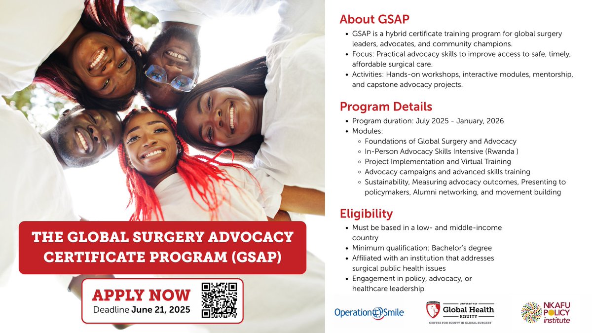 University of Global Health Equity (@ughe_org) on Twitter photo Applications are open for the Global Surgery Advocacy Certificate Program, a hybrid 6-month course with virtual learning, expert mentorship, and in-person training in Rwanda for health and policy professionals in low and middle income countries.
Apply: bit.ly/GSAPRO Applications are open for the Global Surgery Advocacy Certificate Program, a hybrid 6-month course with virtual learning, expert mentorship, and in-person training in Rwanda for health and policy professionals in low and middle income countries.
Apply: bit.ly/GSAPRO