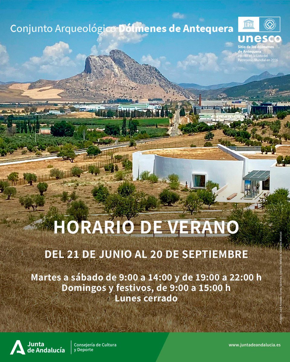 CA_DOLMENESATQ's tweet image. 📢 ATENCIÓN
¡Ya está aquí el verano! 🌞
📆Por tanto, nuestro #horario cambia. Visítanos:
✨Martes a sábado, de 9:00 a 14:00 h. y de 19:00 a 22:00 h.
✨Domingos y festivos, de 9:00 a 15:00 h.
🔒 Lunes cerrado.
👉Del 21 de junio al 20 de septiembre.
¡Te esperamos! 💫