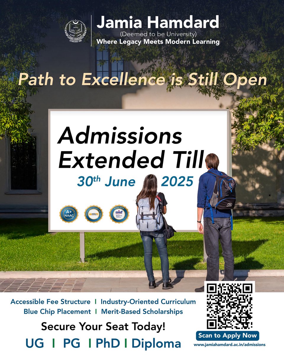 jamia_hamdard's tweet photo. Good news! Admissions at Jamia Hamdard are extended till 30th June 2025.
Still thinking? Don’t miss this extended chance to shape your future.

#JamiaHamdard #AdmissionsExtended #UGAdmissions #PGAdmissions https://t.co/uJ4W6pUw5W