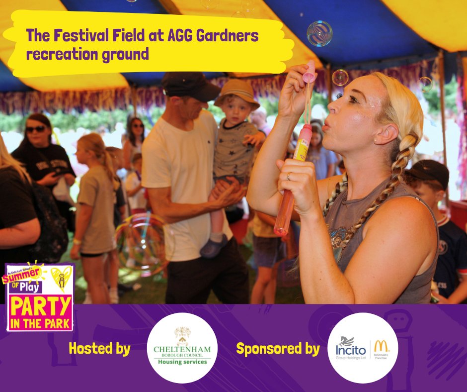 📢 The first zone of #PartyInThePark2025, The Festival Field🎪

From circus tricks, therapy ponies, inflatables and a family rave, this area will bring the energy! 

Hosted by <a href="/YourCBCHousing/">Cheltenham Borough Council housing services</a> at Agg Gardners recreation ground.     

This area is sponsored by <a href="/IncitoMcDs/">McDonald's Incito</a> 🌟