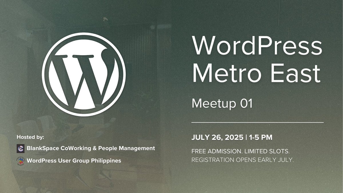 WPUGPH's tweet image. Hey Metro East, Manila! We're building our very own WordPress community right here at home. 🤍
Join us July 26th, 1–5 PM, at BlankSpace CoWorking, Marikina City. Huge thanks for being our venue sponsor!
It's free to join, but spots are limited. Registration opens early July.