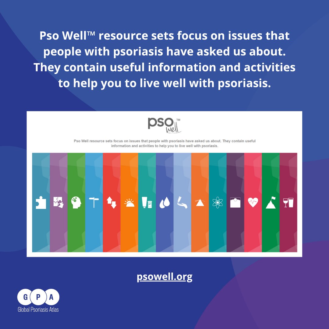 The Pso Well™ resource sets focus on issues that people with psoriasis have asked us about. 📚 

These resources provide helpful information and activities to support living well with psoriasis.💚

globalpsoriasisatlas.org/en/resources/p…

#PsoWell #psoriasisawareness #YouAreNotAlone