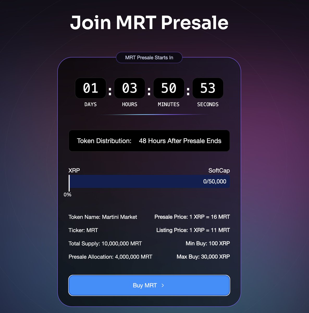 Martini Market | Prediction Market On XRP (@martinixrpl) on Twitter photo <a href="/MartiniXRPL/">Martini Market | Prediction Market On XRP</a> Presale Goes Live In 24 Hours!
$MRT Token Presale Details
MRT Total Supply: 10 Million
MRT Presale Allocation: 4 Million $MRT (40%)
Presale Price: 1 $XRP = 16 $MRT
Listing Price: 1 XRP = 11 $MRT
Presale Date: 19th June 2025,
Presale Start Time: 3PM UTC <a href="/MartiniXRPL/">Martini Market | Prediction Market On XRP</a> Presale Goes Live In 24 Hours!
$MRT Token Presale Details
MRT Total Supply: 10 Million
MRT Presale Allocation: 4 Million $MRT (40%)
Presale Price: 1 $XRP = 16 $MRT
Listing Price: 1 XRP = 11 $MRT
Presale Date: 19th June 2025,
Presale Start Time: 3PM UTC