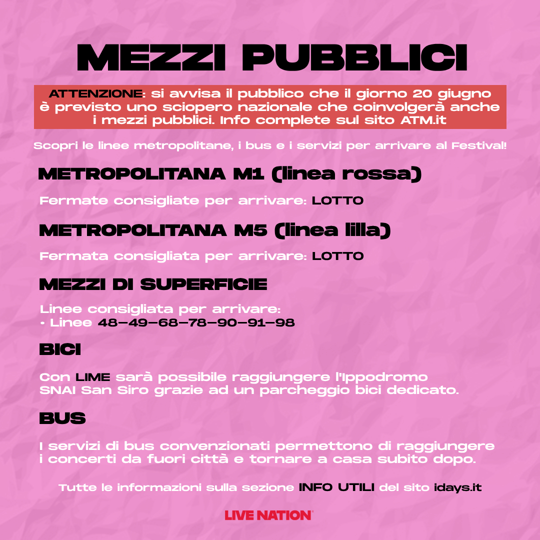 IDaysMilano's tweet image. Scopri tutte le info utili per il concerto dei DURAN DURAN agli I-Days Milano Coca-Cola 2025! 🚀
Si avvisa il pubblico che il 20/06 è previsto uno sciopero nazionale che coinvolgerà anche i mezzi pubblici. Info complete sul sito ATM.it