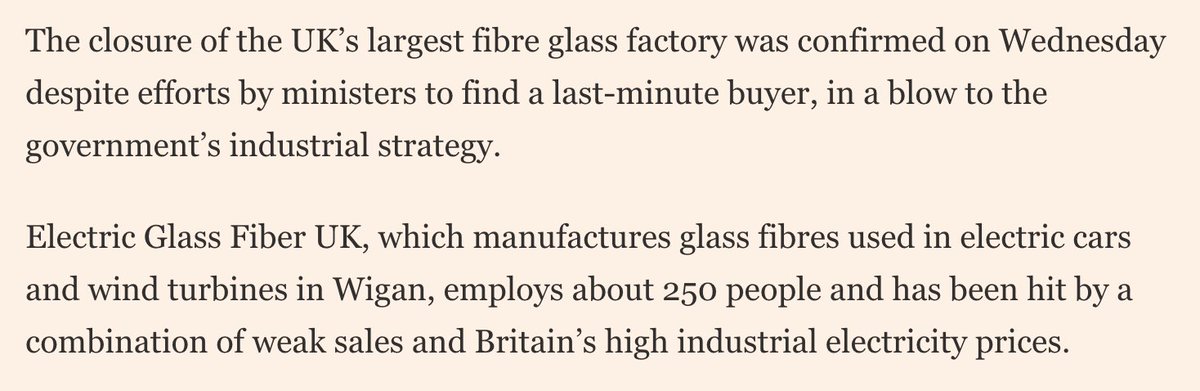 Quelle ironie: le premier fabricant de fibre de verre pour éoliennes d’UK ferme son usine pour cause de prix de l’électricité trop élevé, à cause des renouvelables. 
#Karma
(Source FT)