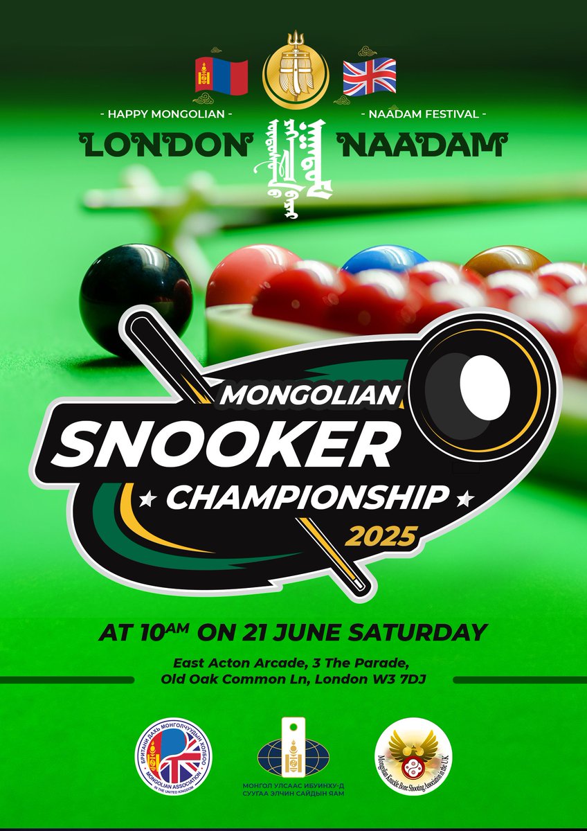 Лондон Наадамд зориулан жил бүр уламжлал болгон зохион байгуулдаг Их Британи дахь Монголчуудын Снүкер бильярдын 16 дахь удаагийн Аварга шалгаруулах тэмцээн 2025 оны 6 дугаар сарын 21-ний өдөр болно.